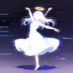 Anime of girl in white dress dancing, halo over her head, glitchy, glitch art, Chromatic aberration, nobody knows the future