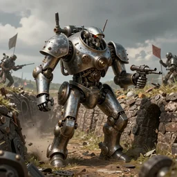 a high fantasy WW1 heavy weapons mech attacking the enemy trench in the style of desielpunk/steampunk/decopunk detailed realistic High Resolution HD 8k