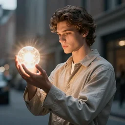 a handsome slender young man with wavy brown hair summons a ball of light into his hand. urban fantasy. modern. dramatic. cinematic. holy. saintly. demigod. lord of light. detailed. sharp. photo realistic. realism. gaston bussiere. geoffroy thoorens
