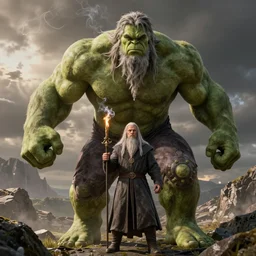 the hulk starring as gandalf in lord of the rings, high detail shot, smoking, render, cgsociety, photorealism