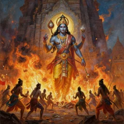 An epic dramatic scene from Ramayan, Ravan's Lanka on fire, by Bruce Pennington, by Wayne Barlowe, by Greg Rutkowski, oil on canvas, masterpiece, detailed, dynamic, cinematic composition, beautiful lighting, view from ground, trending on artstation, top on pixiv, 8K, no frames,