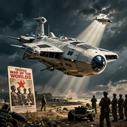 war of the worlds scene, communist outfit propaganda, alien style, starship