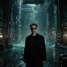 a film still from the matrix by ian mcque - endless machine - built underground facility that controls atmosphere, water and power, scale of a city, water - logged, medium shot, waist up, bloom, dark and moody atmospheric, dramatic lighting, behance, game environment design, artstation, photoreal, deviant art,