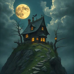 small ornate witchy cottage on a tall hill. moon, hyper realistic painting by chiara bautista karl kopinski kim jung giu and weta studio, and lucasfilm and jesper ejsing and norman rockwell greg rutkowski frank frazzeta