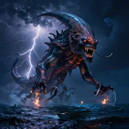 a giant kraken emerges from the ocean on a beautiful dark night, flashes of lightning and fire, extraodinary masterpiece!!!!!!, by Salvador Dali