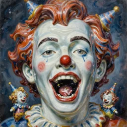 a massive porcelain sculpture in an psychosphere of nicholas cage's face spewing psychedelic clowns from his mouth, in the style of johnson tsang, funny sculpture, lucid dream series, oil on canvas, francis bacon