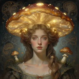 symmetry!! portrait of a woman, cottagecore!!, mushroom head!! glowing lights!! intricate, fractal!!, elegant, highly detailed, digital painting, artstation, concept art, smooth, sharp focus, illustration, art by artgerm and greg rutkowski and alphonse mucha