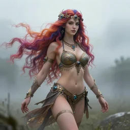 beautiful digital art of the wandering princess, colourful long hair, travelling through misty planes, intricate details, detailed face, detailed armour bikini, artstation, epic pose, cinematic light, by rembrandt, artgerm, marco bucci