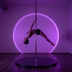 studio scorpio pole fitness, purple light, symetric, golden ratio.