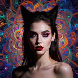 lsd, acid trip, a beautiful woman with ( skunk ) features, dramatic lighting, by ilya kuvshinov, artgerm, wlop, greg rutkowski, ultra detailed colorful repeating fractals in the background by moebius, beeple, artstation