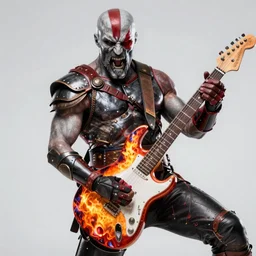 red left eye paint stripe armored screaming kratos rocking out on a flaming stratocaster guitar, cinematic render, god of war 2 0 1 8, playstation studios official media, lightning, flames, clear, coherent, guitar