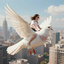 Digital art of a woman riding a giant pigeon in the city skies