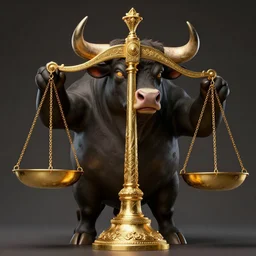 photo of a big friendly yet terrifying bull holding up ancient and magnificent golden scales of balance in the style of stefan kostic, realistic, sharp focus, 8 k high definition, insanely detailed, intricate, elegant, art by stanley lau and artgerm
