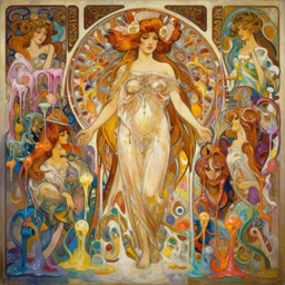 an hiper intricate oil painting of a beautifull godess surounded by melting colorfull wax drips, colorfull, excelent composition, wide shot, by yoshitaka amano, by ellen jewett, by greg rutkowski, by alphonse mucha by jeremyg lipkinng, by rhads, by ross tran, artstation, octane render
