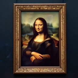 photograph of a portrait painting of mona lisa by leonardo de vinci with a renassiance style frame hanging in the louvre
