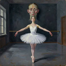 young ballerina training in a big dark room, painted in style of marlene dumas, pat steir, oil painting, dripping paint, psychologic, melancholic, symmetrical face, hyper detailed, in style of francis bacon, gustave courbet
