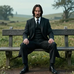 John Wick sitting on a bench in Skyrim
