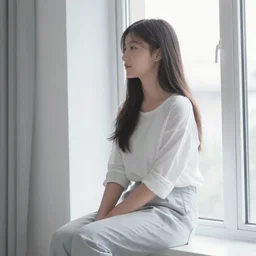 photography girl looking sitting next to window by hiromix