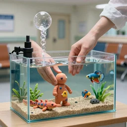fish tank in hospital waiting room. hands in tank. plasticine model in water. newt. figures clay. clay figure. weird. surreal. tropical fish tank with sand. strange. bubbles form pump. tilt shift. tank. siamese fighting fish. aquatic photography. photorealistic. waiting room