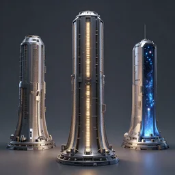 3 d sculpt environment building prop with vertical strips of embedded lights, star citizen, tron, halo, mass effect, elysium, the expanse, high tech industrial, artstation unreal of a technological device in the shape of an industrial cylindrical segmented stacked tower