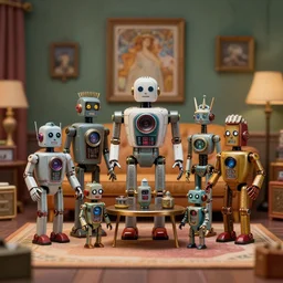 tin toy of retro living room of cyberpunk robot family, depth of field, zeiss lens, detailed, centered, fashion photoshoot, by nicoletta ceccoli, mark ryden, lostfish, artgerm, greg rutkowski, alphonse mucha, breathtaking, 8 k resolution, extremely detailed, beautiful, artistic, hyperrealistic, octane render, - h 8 0 4