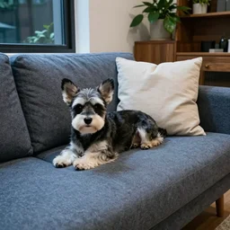 a small white - faced black dog, lying down on a blueish grey sofa, light beige pillows, house plants and wood furniture in the background, next to a window, modern house, indoors, dim light, photograph, 4 k, shot on iphone, for a catalogue