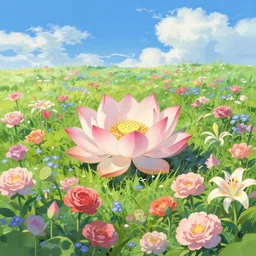 a huge lotus in the center of a meadow of flowers - roses, forget - me - nots, peonies, lilies of various different flowers, bright sunny day, rare clouds float across the sky, rule of thirds golden ratio, fake detail, trending pixiv fanbox, acrylic palette knife, style of makoto shinkai studio ghibli genshin impact james gilleard greg rutkowski chiho aoshima