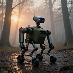 boston dynamics military robot in foggy and wet woods, sundown, moody, black mirror style, by simon stalenhag, greg rutkowsky, artgerm
