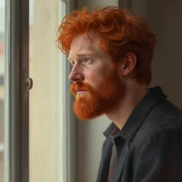 attractive red - headed bearded man looking out the window sadly, highly detailed, digital painting, artstation, concept art, smooth, sharp focus, illustration, art by artgerm and greg rutkowski and alphonse mucha