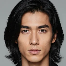 A man with tan skin, brown eyes, and hip-length, shiny, black hair