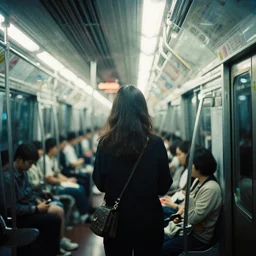 A photography of a woman from behind standing inside a subway train. The train is full. Neo Tokyo style. Cinematic frame. Cinestill 800T film. Lens flare. Contrast. Film grain. Swirly bokeh.