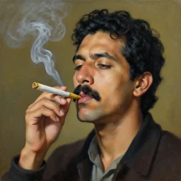 a surreal painting of a latino man with a fu manchu mustache smoking a joint