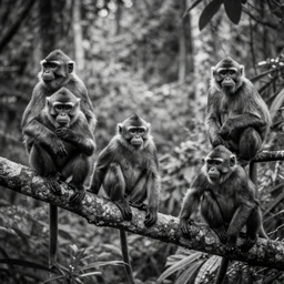 black and white photo of a jungle with monkeys