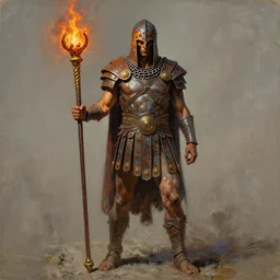 fire monk, wearing a chained rusty hood, wearing ancient greek cyclop armor, wielding a fire ornamented ancient staff, gritty, full body concept, by beksinski, weta workshop concept art, ruan jia, edward hooper, oil painting