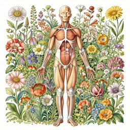highly detailed illustration of human anatomy surrounded by all the known species of flowers by juan gatti!!, by gottfried bammes, by moebius!, by george bridgman, by oliver vernon, by joseph moncada, by damon soule, by manabu ikeda, by kyle hotz, by dan mumford, by kilian eng