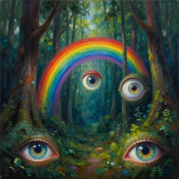 a forest with rainbow eyes. hyperrealist fantastic and absurd painting. science fiction and fantasy illustration. richly colored.