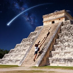 an advertisement for a concert with a man climbing up the steps of a Mayan Pyramid, Stars, nebula and comet with a long tail in the night sky behind the pyramid, an album cover by Jeremy Henderson, featured on deviantart, underground comix, concert poster, diorama, poster art