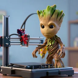 groot angry with a 3 d printer, sharp focus,