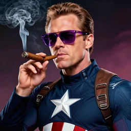 Film Poster of Jimmy Saville as Captain America, wearing purple sunglasses and smoking a cigar, extremely high detail, trending on artstation