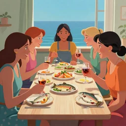 A group of women feasting on trout, dofus color pastel vibrant style fanart by Brock Hofer Jakub Rozalski Photorealistic cinematic volume lighting
