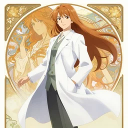 Kurisu Makise in flowing lab coat tonemapped in the style of Ayami Kojima and Alphonse Mucha