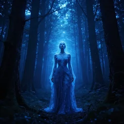 portrait of an ethereal forest made of blue light, divine, cyberspace, mysterious, dark high-contrast concept art