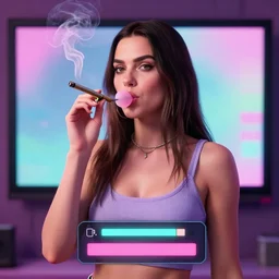 Emily-Ratajkowski smokes a blunt gtav loading screen, bubblegum-cotton-candy-color-scheme, 4k, 8k, sfw