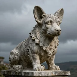 gothic gargoyle corgi made of stone, uncropped, detailed, photography
