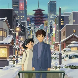 japanese big city, winter, in the style of studio ghibli, j. c. leyendecker, greg rutkowski, artem
