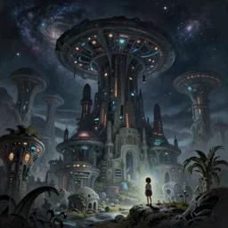 beautiful low angle painting of ab alien world with unknown beautiful buildings and technologywith galaxies and stars in the sky, a tiny girl watching on, moody atmosphere, epic composition, dramatic lighting, trending on artstation, octane render, by don bluth