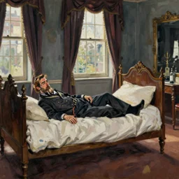 lucian freud painting of old ema stone laying down on a victorian bed in a big old room