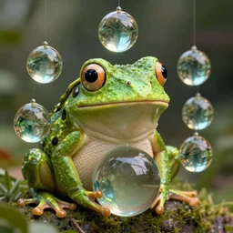 The Wednesday frog and all his orbs hanging out, high quality render, realistic reflections, reflective surfaces, natural lighting, the orbs of BYOB, The Wednesday Frog, background details, highly a detailed, hyper realistic, orbs, orbs, orbs