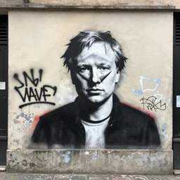 spray paint graffiti of vitalik buterin Ethereum on walls in the style of banksy
