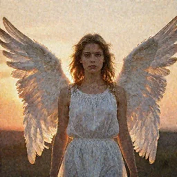 centered  waist up portrait photography an angel + bokeh + DOF + 8k, photorealistic + rendered in unreal engine + colors and composition by Peter Mohrbacher + line work by Dan Mumford , ultra realistic + backlit + strong rimlight, sunset + HDRI, HD, Photoreal